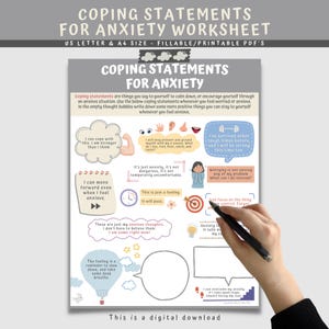 May include: A printable worksheet titled "Coping Statements for Anxiety" with text and illustrations. The document includes prompts and thought bubbles for self-reflection and coping strategies. The worksheet is designed for US Letter and A4 sizes.