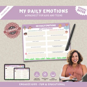 Daily Emotions Worksheet, Coping Skills Worksheets For Kids, Social Emotional Learning, Child Therapy Counseling, Feelings Daily Check In
