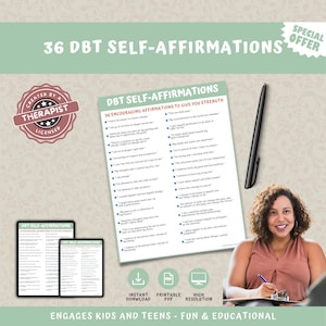 DBT Self-Affirmations, PTSD, BPD, bipolar, depression, anxiety, positive, printable, mental health, dialectical behavior therapy, Dbt sheet