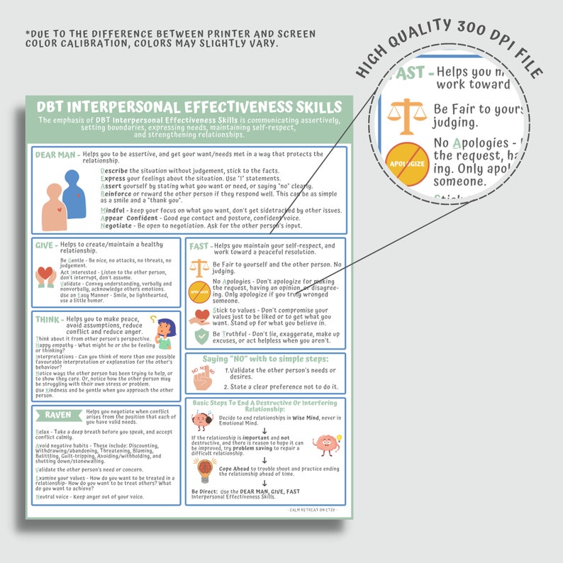 DBT Zwischenmenschliche Wirksamkeit Coping Fähigkeiten Handout Poster, Dialektische Verhaltenstherapie, Beratung Psychische Gesundheitstherapeut Drucke Bild 6