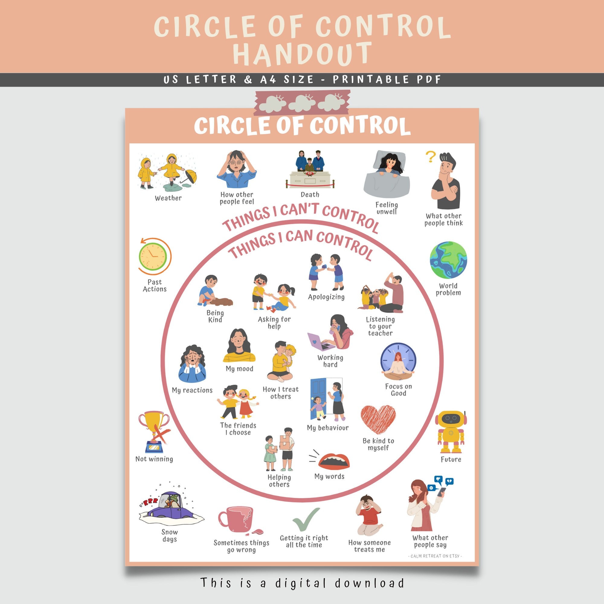 Circle Of Control Handout, Mental Health Digital Poster, Self Care For Kids & Teens, Therapy Counseling Wall Art, Therapist Office Decor
