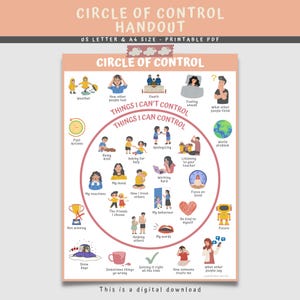 May include: A printable A4 size PDF handout titled "Circle of Control". The poster features a circular diagram with illustrations and text, categorizing things people can and cannot control. Includes the text "This is a digital download."