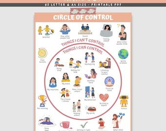 Puede incluir: Un folleto PDF imprimible titulado "Círculo de Control" en tamaños US Letter y A4. El póster presenta un diagrama circular con ilustraciones y texto, que categoriza las cosas que las personas pueden y no pueden controlar. Incluye el texto "This is a digital download."