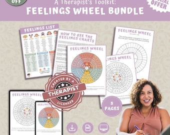 Feelings Wheel Bundle: Mental Health, Emotions List, Coloring Pages (Digital Download)