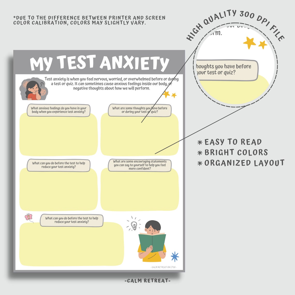 Test Anxiety Fillable Worksheet for Kids Teens, Printable Child Therapy ...