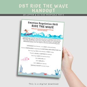Może przedstawiać: Drukowana ulotka PDF zatytułowana „DBT Ride The Wave Handout”. Ulotka zawiera tekst „Emotion Regulation Skill Ride The Wave” oraz grafikę osoby surfującej. Jest to plik do pobrania cyfrowego.