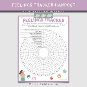 Seguimiento mensual de sentimientos y emociones, hoja de trabajo imprimible para niños, identificación de la conciencia emocional, aprendizaje socioemocional