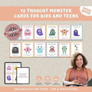 Thinking Trap Cards For Kids and Teens, 12 Thought Monsters Flashcard, Mental Health counseling, Communication Tool, Cognitive Distortion