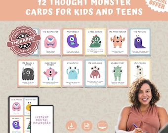 Thinking Trap Cards For Kids and Teens, 12 Thought Monsters Flashcard, Mental Health counseling, Communication Tool, Cognitive Distortion