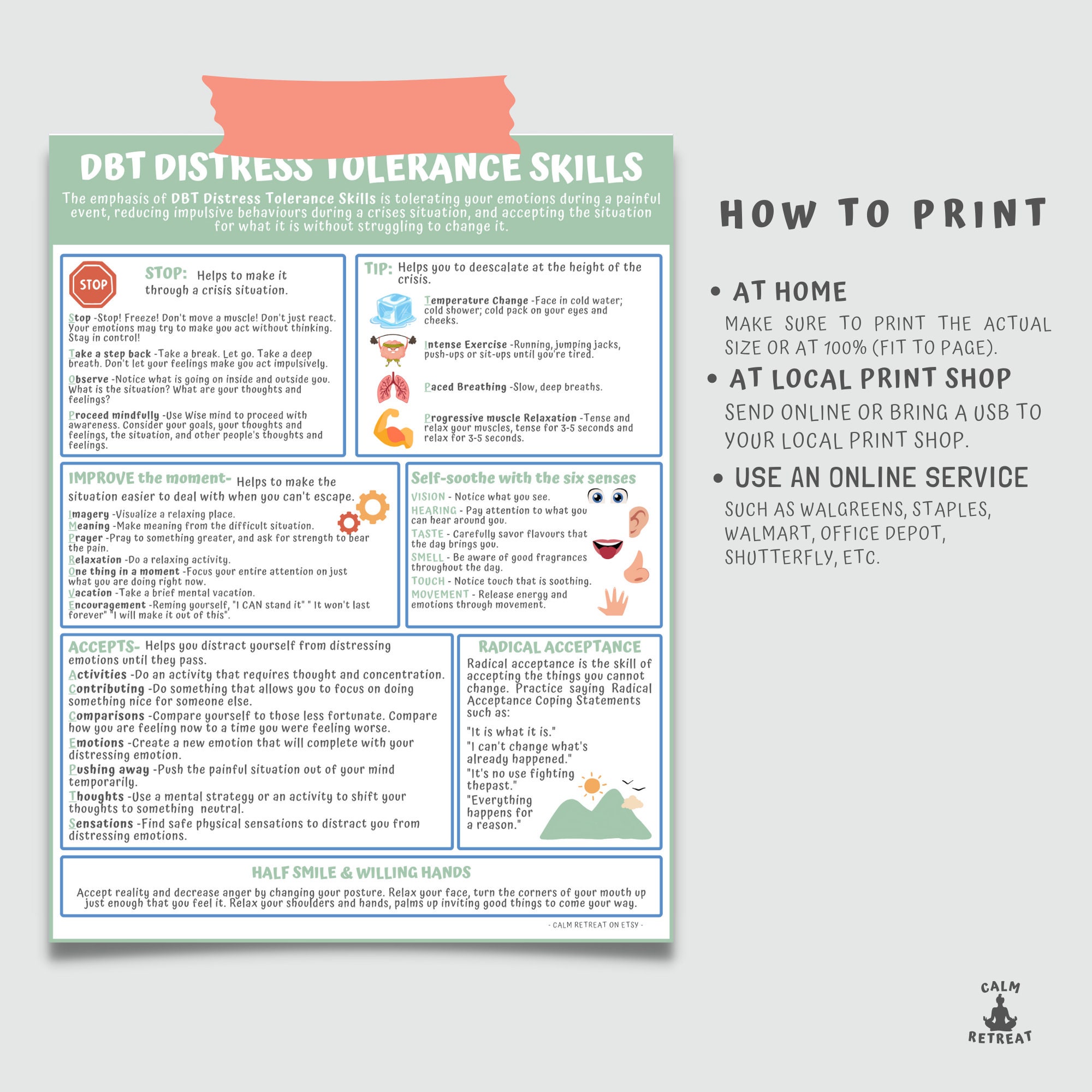 DBT Distress Tolerance Skills Handout: Therapy Coping Tools (PDF ...