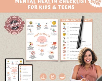 Mental Health Checklist For Kids And Teens, Therapy Worksheet, Child Therapy Worksheets, Counseling Worksheets, 2 Versions Fillable PDF