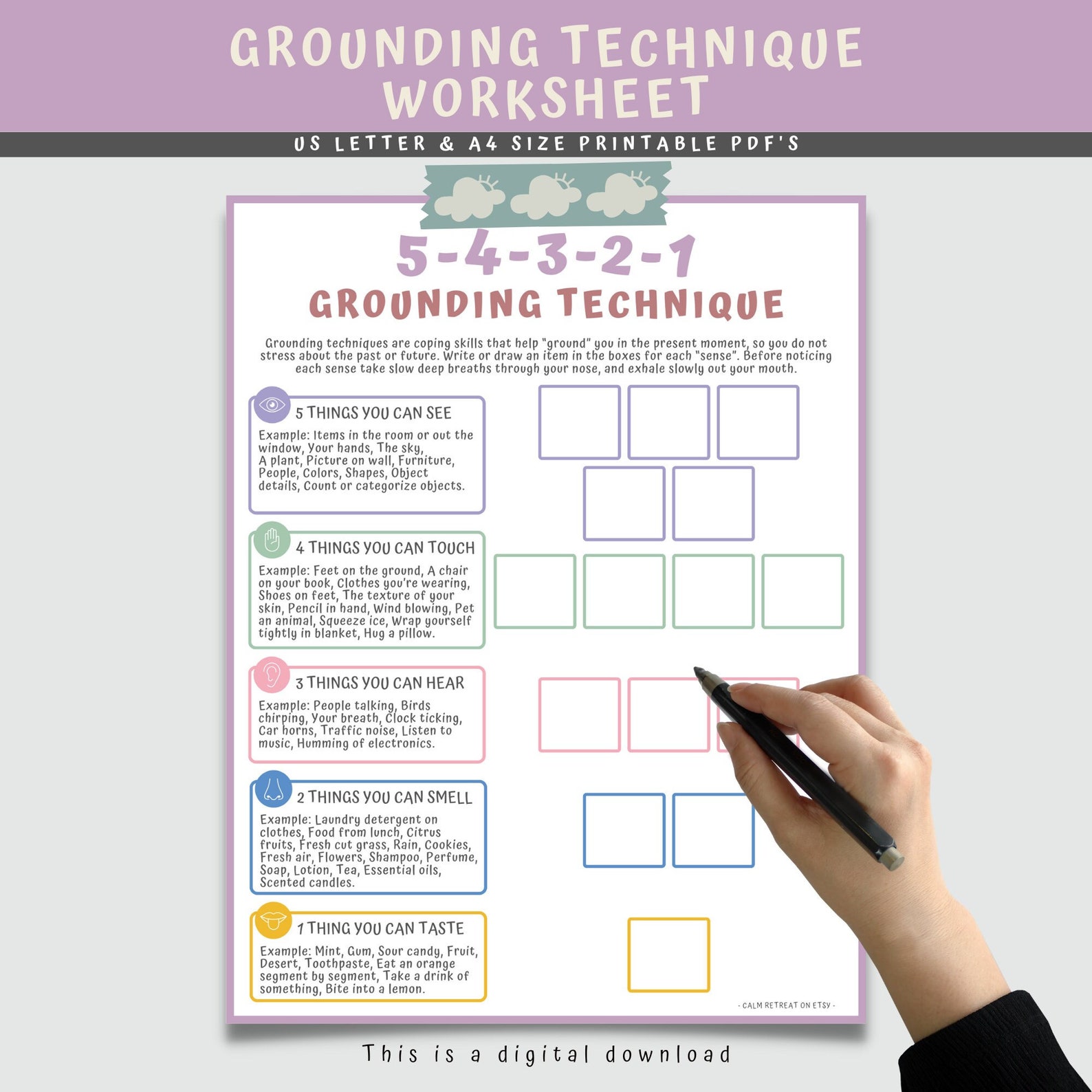 Grounding Techniques Worksheet, Coping Skills Worksheets for Kids, Social Emotional Learning