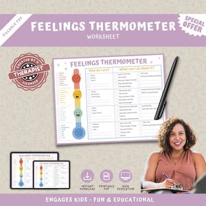 Feelings Thermometer Worksheet, Printable Coping Skills Worksheets For Kids, Social Emotional Learning, calming corner, counsellor therapy