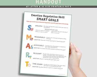 May include: A printable handout with the text "DBT SMART GOALS HANDOUT" in teal and black. The handout outlines SMART goals for emotion regulation, with sections for Specific, Measurable, Achievable, Relevant, and Time-Bound goals. The text "This is a digital download" is at the bottom.