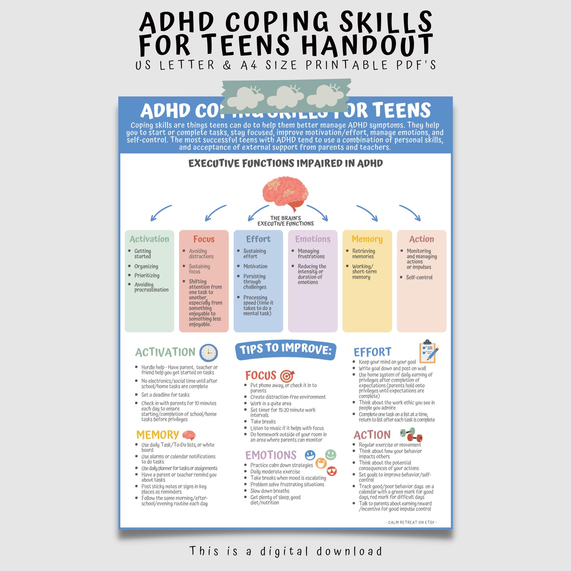 ADHD Coping Skills Handout Poster for Teens: Executive Functioning ...