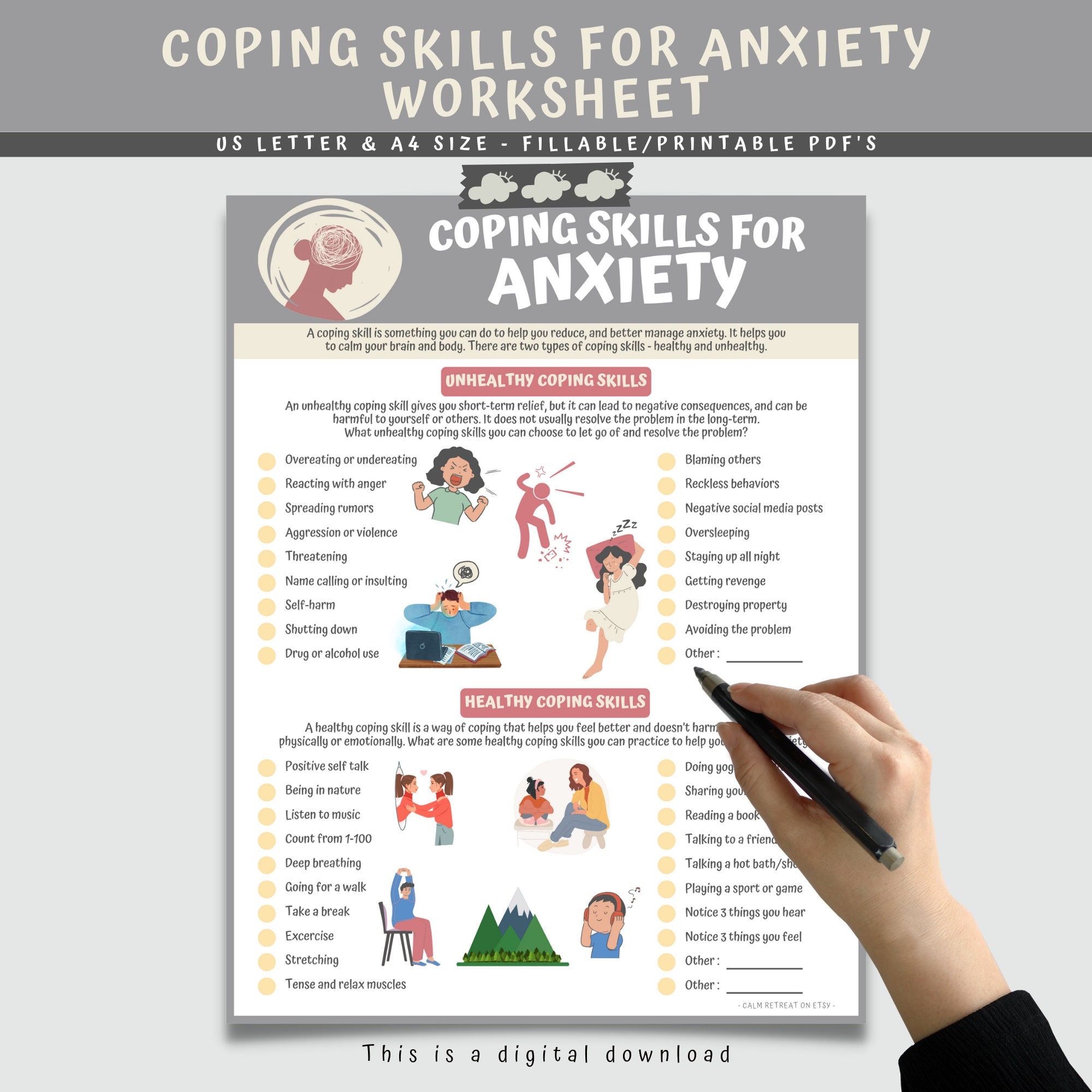Anxiety Management Coping Skills Fillable Worksheet for Teens Mental