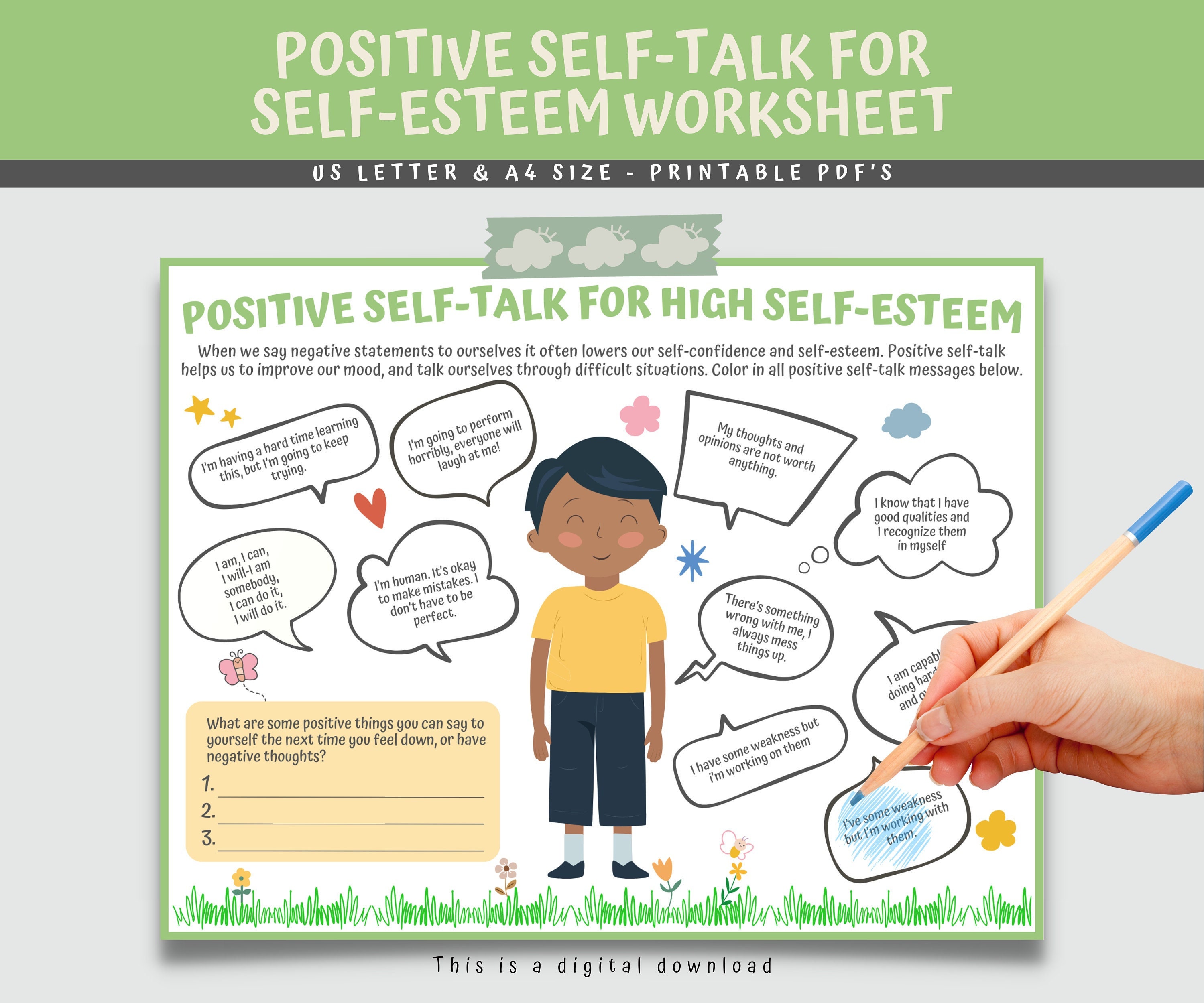 Positive Self-talk for High Self-esteem Worksheet, Mental Health, Self ...