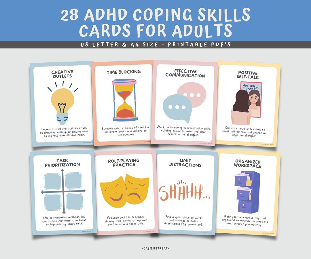 28 ADHD Coping Skills Flashcards for Adults, Grounding Techniques ...