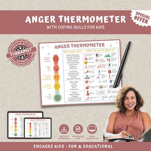 Anger Thermometer with Coping Skills for kids & teens, Anger Management Mental Health Printable Children, Emotions Feelings Therapy Chart