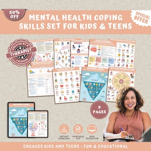 Mental Health Coping Skills Bundle for Kids & Teens (9 Pages), Therapy Counseling Poster Set, Calming Corner Children Awareness PDF