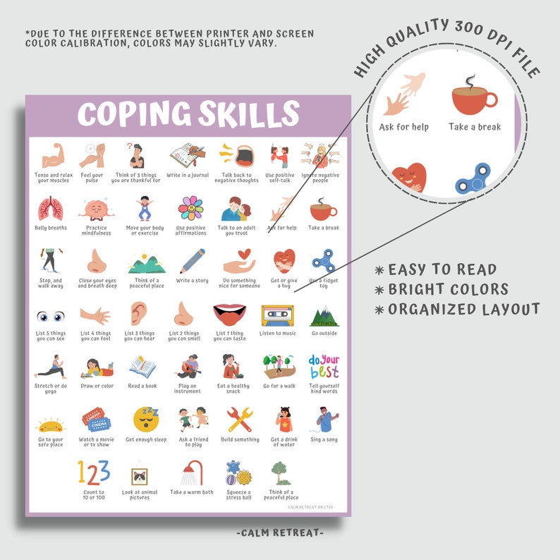 Coping Skills Alphabet Printable, Coping Skill, Therapy Office Decor