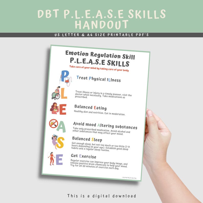 DBT Skills Handout: Emotion Regulation, Therapy Counseling Poster (PDF ...