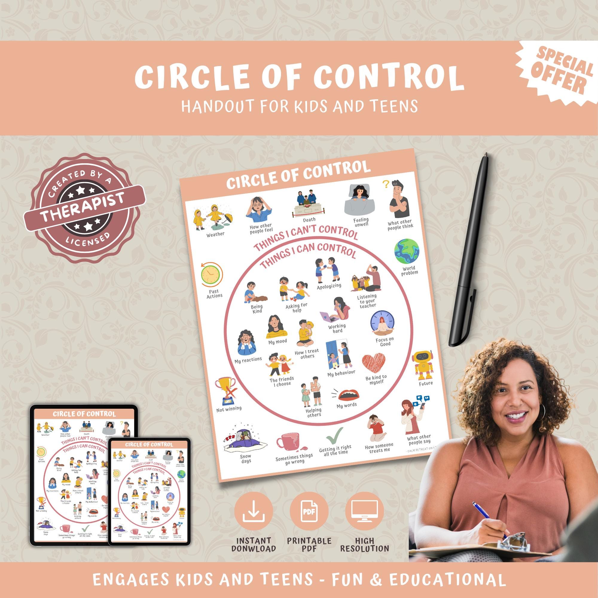 Circle Of Control Handout, Mental Health Digital Poster, Self Care For Kids & Teens, Therapy Counseling Wall Art, Therapist Office Decor
