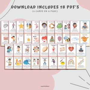 May include: A collection of 18 PDF mindfulness cards with illustrations and text. The cards feature various exercises and techniques for relaxation and stress relief. The text at the top says "DOWNLOAD INCLUDES 18 PDF'S (4 CARDS ON A PAGE)".