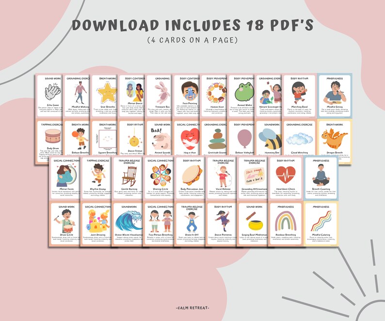 May include: A collection of 18 PDF mindfulness cards with illustrations and text. The cards feature various exercises and techniques for relaxation and stress relief. The text at the top says "DOWNLOAD INCLUDES 18 PDF'S (4 CARDS ON A PAGE)".