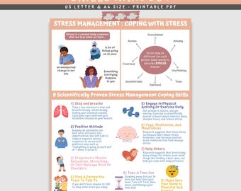 May include: A printable PDF handout titled "Stress Management Coping Skills" with tips for managing stress. The handout includes diagrams and text, offering strategies like breathing exercises and positive thinking. The text "This is a digital download" is at the bottom.
