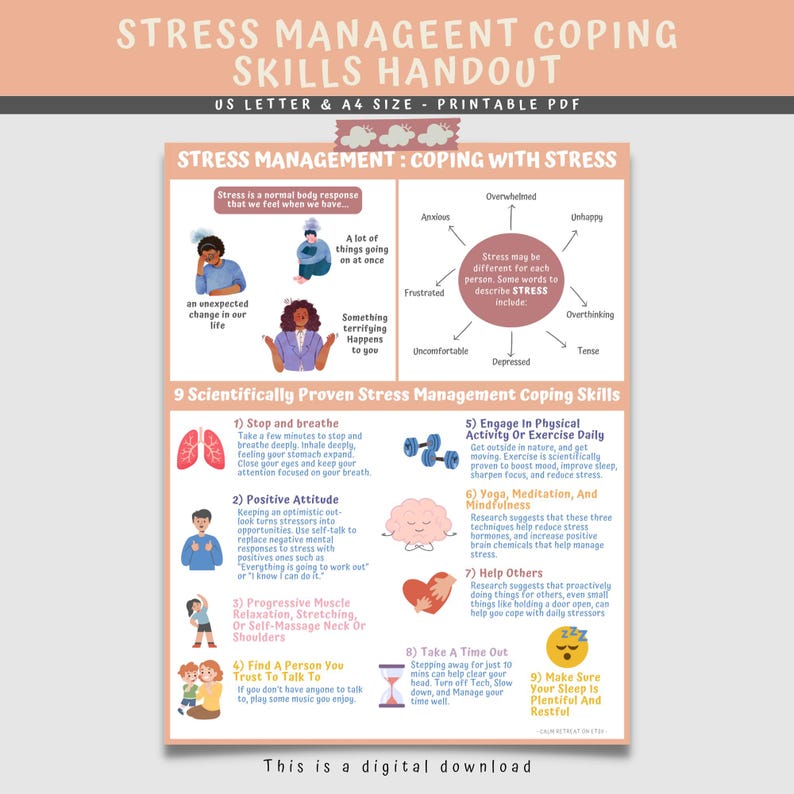Stress Management Coping Skills Handout: Mental Health Printable (PDF ...