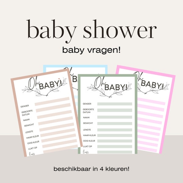 Baby shower vragen in het Nederlands, Baby Shower Games printable, spelletje voor baby shower in vier kleuren - blauw, roze, groen en beige.