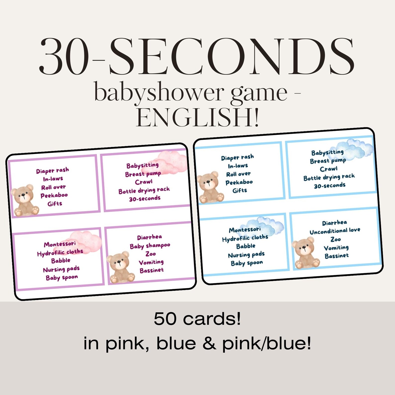 30-SECONDS Babyshower Game - 50 Cards - Fun - Blue and Pink - Boy and ...