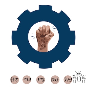 Puede incluir: Un engranaje azul con un puño levantado en el centro. El puño es marrón y tiene las palabras "Never Give Up" escritas en los nudillos. Las palabras "Fight for Your Rights" están escritas en la palma del puño.