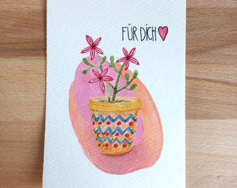 Postkarte Blumentopf, DIN A6 - handgemalt mit Aquarellfarben, kein Druck sondern ein Original