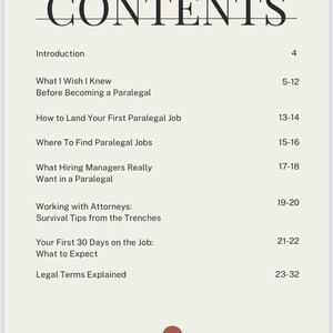 K&ouml;nnte beinhalten: Eine Buchseite mit dem Titel &bdquo;CONTENTS&ldquo; in gro&szlig;en, fetten Buchstaben. Die Seite listet Kapitel&uuml;berschriften wie &bdquo;Introduction&ldquo;, &bdquo;How to Land Your First Paralegal Job&ldquo; und &bdquo;Legal Terms Explained&ldquo; auf. Unten befindet sich eine Illustration einer Person und einer Waage der Gerechtigkeit.