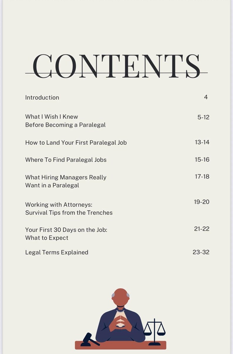 K&ouml;nnte beinhalten: Eine Buchseite mit dem Titel &bdquo;CONTENTS&ldquo; in gro&szlig;en, fetten Buchstaben. Die Seite listet Kapitel&uuml;berschriften wie &bdquo;Introduction&ldquo;, &bdquo;How to Land Your First Paralegal Job&ldquo; und &bdquo;Legal Terms Explained&ldquo; auf. Unten befindet sich eine Illustration einer Person und einer Waage der Gerechtigkeit.