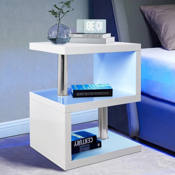 Table basse de type S Table de chevet UV haute brillance à 2 niveaux avec lumière LED Salon Livraison gratuite au Royaume-Uni