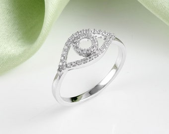 Natural White Diamond Ring, 14k Solid White Gold Handmade Ring, Diamond Evil Eye Shaped Ring, Diamond Wedding Ring Jewelry, Valentines Gifts