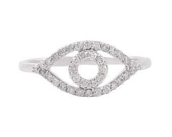 14k White Gold Evil Eye Ring, Dainty Good Luck Ring, Evil Eye Stackable Ring, Diamond Devil Eye, White Diamond Eye Ring, Jewelry For Women