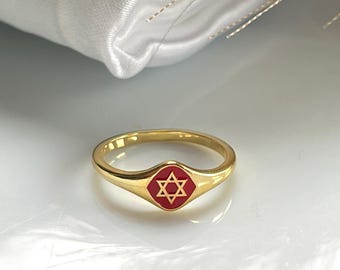 Magen David Signet Ring • Red Enamel Star of David Ring • Dainty Jewish Jewelry • Minimalist Hanukkah Gift for Her • Zionist Statement Ring