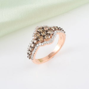 14k Rose Gold Brown Diamond Ring, Natural White Diamond Unique Ring, Diamond Women's Jewelry, Gift For Her image 2
