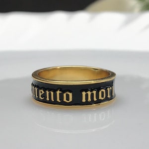 Anillo de banda de esmalte Memento Mori, banda de plata esterlina de 6 mm de ancho, esmalte negro, recordatorio de la mortalidad, regalo, pieza llamativa, joyería Remember