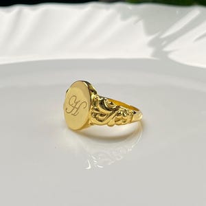 Anillo de sello con letra inicial en oro de 14 k, estilo vintage, con diseño de boda, monograma personalizado.