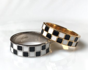 Black & White Checkerboard Rings, Sterling Silver,  Enamel Band Ring Thick Band Ring, Couple Band, Chess lover Ring, Chess Rings