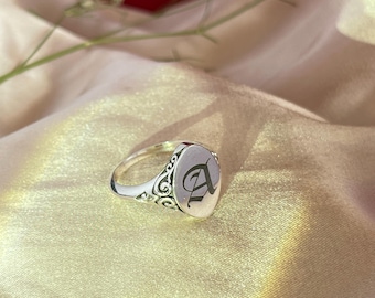 925 Silver Oval Signetring, Antik stil Personlig monogramring, Signetring, 925 Sterling Silver, Designerring med initialer |