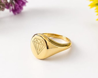 Gold Signet Ring with Diamond Engraving, Minimalist Gold Ring, Unisex Statement Ring, Custom Seal Ring, Gift for Him Her