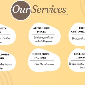 May include: A graphic with the text "Our Services" in a brown circle. Six circles with text describing services offered by a jewelry company: High Quality Pieces, Affordable Prices, Free Customization, Free Worldwide Shipping, Direct From Factory, and Exclusive Designs.