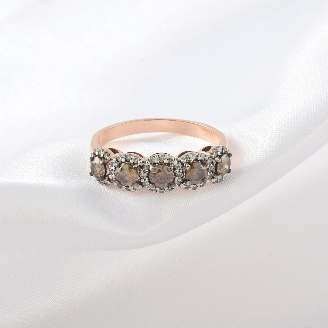 14K Natural White Diamond Halo Ring, Gold Five Chocolate Diamond