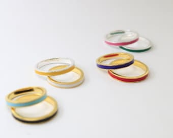 Set of 2 Enamel Band Rings - Silver Enamel Ring - Simple Enamel Band - Stacking Enamel Band Ring - 925 Sterling Silver Ring - Gift For Her